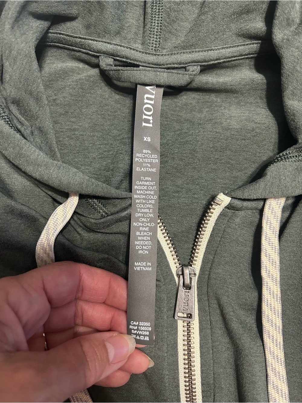 Vuori Heather Olive Green Zip Hoodie with Contrast Drawcords - Picture 1 of 2
